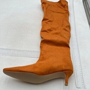 Women Stretchy Knee High Boots Closed Square Toe Low Kitten Heels Brown WInter